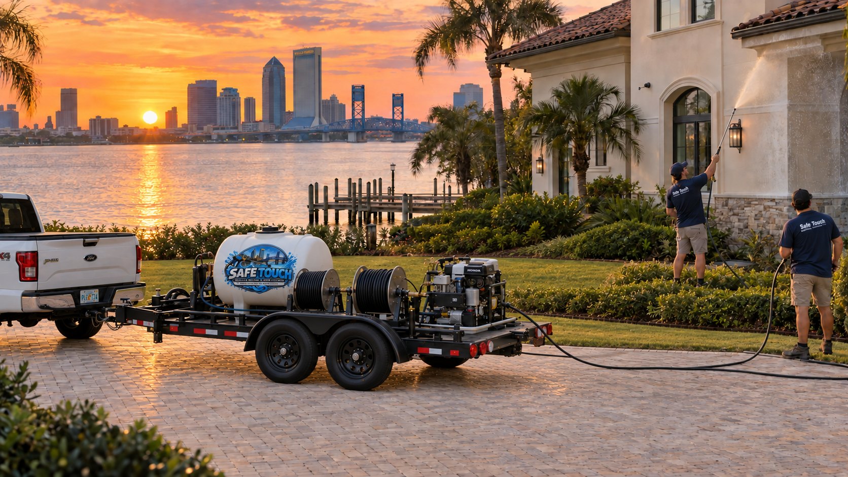 A Safe Touch crew soft-washing a waterfront home in Orange Park at sunset.